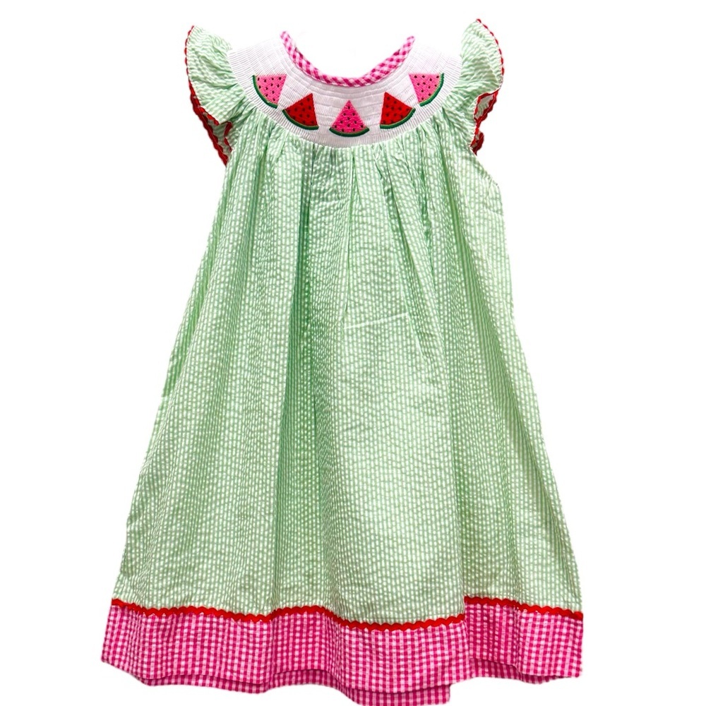 LIL CACTUS Size 4T Red/Green Seersucker Smocked Watermelon Flutter Sleeve Dress